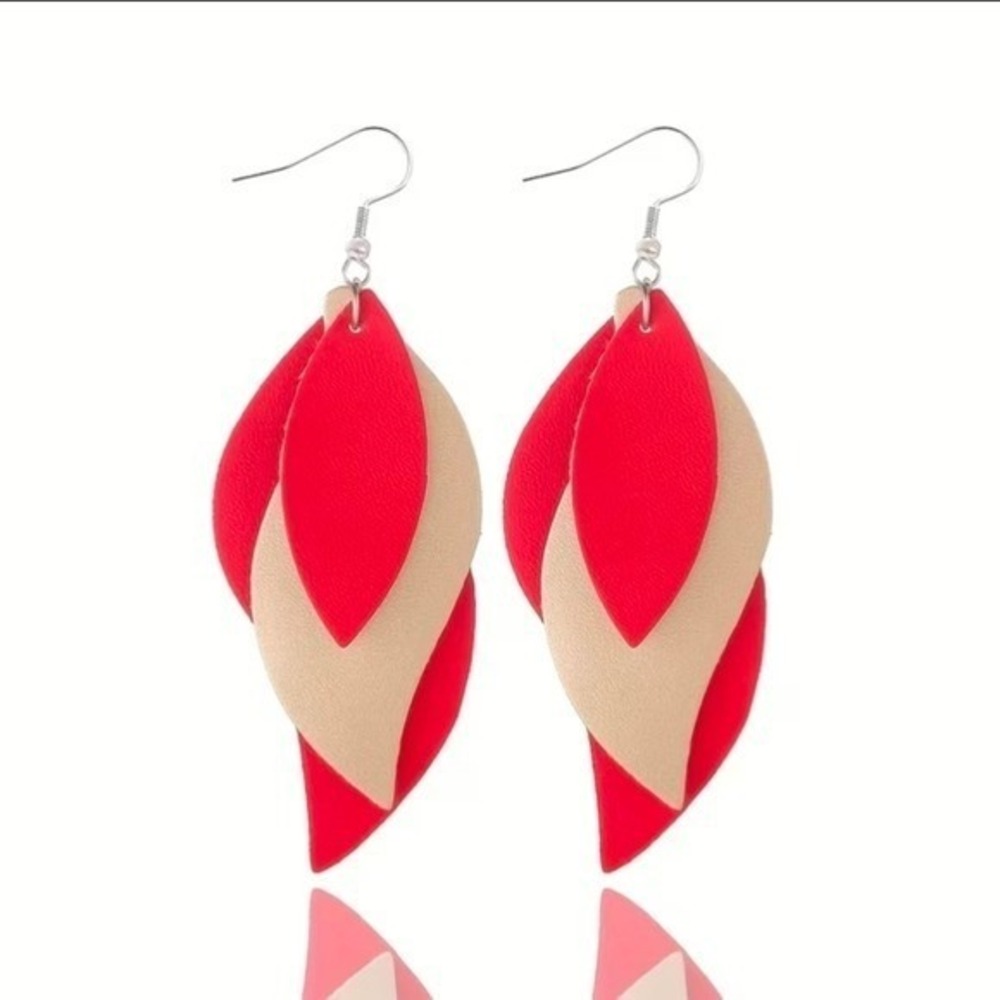 3-layer Leaf Geometric Design Retro Dangle‎ Earrings Handmade RED & GOLD